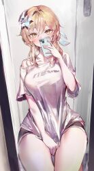 Rule 34 | 1girl, absurdres, alternate costume, black shorts, blonde hair, breasts, cocoballking, commentary, feather hair ornament, feathers, flower, genshin impact, hair between eyes, hair flower, hair ornament, highres, holding, holding phone, large breasts, looking at viewer, lumine (genshin impact), mirror, mirror image, off shoulder, phone, reflection, reflection focus, selfie, shirt, shirt tug, short hair with long locks, short shorts, shorts, single bare shoulder, solo, thighs, white flower, white shirt, yellow eyes