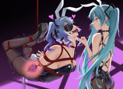 2girls absurdres animal_ears aqua_eyes aqua_hair arms_behind_back ball_gag bdsm blindfold blue_hair bound bound_arms bound_legs breasts drooling dual_persona egg_vibrator fake_animal_ears fake_tail fishnet_pantyhose fishnets gag gagged hatsune_miku heart high_heels highres leotard liangfangliangfangliang long_hair looking_at_another medium_breasts medium_hair multiple_girls pantyhose playboy_bunny rabbit_ears rabbit_hole_(vocaloid) rabbit_tail rope sex_toy shibari shibari_over_clothes spoken_heart strapless strapless_leotard suspension tail twintails variant_set very_long_hair vibrator vocaloid wiffle_gag x-ray yuri
