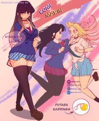 3girls black_hair blazer blonde_hair blue_skirt bow bowtie choker collarbone commentary crossover dragon_ball dragonball_z earrings fusion gradient_hair gyaru highres jacket jewelry kitagawa_marin komi-san_wa_komyushou_desu komi_shouko lips miniskirt multicolored_hair multiple_girls necktie pantyhose pen-pen_arts potara_earrings red_bow red_bowtie red_necktie red_skirt shirt skindentation skirt sleeves_rolled_up smile sono_bisque_doll_wa_koi_wo_suru thick_thighs thighhighs thighs white_shirt