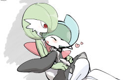 bob_cut closed_eyes colored_skin from_side gallade game_freak gardevoir gen_3_pokemon gen_4_pokemon green_hair green_skin heart highres hug maid multicolored_skin nintendo open_mouth pippu_(pixiv_83129481) pokemon pokemon_(creature) red_eyes simple_background smile two-tone_skin white_background white_skin