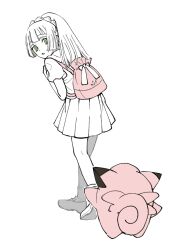 1girl atsumi_yoshioka backpack bag braid clefairy commentary_request eyelashes gen_1_pokemon green_eyes hand_up leaning_forward lillie_(pokemon) limited_palette long_hair looking_back nintendo pink_bag pleated_skirt pokemon pokemon_(creature) pokemon_sm shirt shoes short_sleeves simple_background skirt socks standing white_background