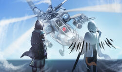 absurdres aircraft arknights attack_helicopter black_hair black_jacket black_pants blue_jacket cape character_request doctor_(arknights) exusiai_(arknights) from_behind gloves green_jacket hair_between_eyes helicopter highres hood hood_up jacket long_hair military_vehicle one_eye_closed pants pointy_ears red_eyes red_hair shale sunglasses white_cape white_gloves white_hair