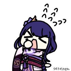 &gt;_&lt; 1girl animated animated_gif breasts cleavage genshin_impact japanese_clothes kimono knife ladle long_hair lowres open_mouth raiden_shogun seseren spatula whisk