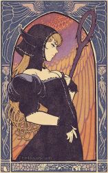 Rule 34 | 1girl, ambrosia (dungeon meshi), art nouveau, black dress, blonde hair, breasts, detached hood, dress, dungeon meshi, ear covers, elf, food, from side, hair through hood, holding, holding staff, mage staff, mandrake, marcille donato, marcille donato (lord), meat, medium breasts, mushroom, pointy ears, serious, spoilers, staff, the insaneum, winged lion (dungeon meshi)