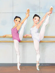 Rule 34 | 2girls, armpits, athletic leotard, ballerina, ballet slippers, barre, black eyes, black hair, breasts, commentary request, en pointe, full body, fumichika mori, leotard, looking at viewer, multiple girls, original, pantyhose, pink leotard, short hair, small breasts, split, standing, standing on one leg, standing split, white leotard