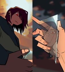 1other animated animated_gif brown_hair closed_mouth deltarune glass_shard glass_shards highres holding_glass_shard kris_(deltarune) medium_hair mutie_(timestables) other_focus red_eyes reflection solo split_screen upper_body