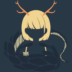 Rule 34 | 1girl, antlers, black background, blending, blonde hair, bow, dragon girl, dragon tail, faceless, facing viewer, flat color, highres, horns, kicchou yachie, limited palette, maskin mei, minimalism, no eyes, no lineart, orange horns, portrait, scales, short hair, silhouette, simple background, solo, tail, touhou