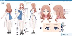 1girl absurdres bang_dream! bang_dream!_it&#039;s_mygo!!!!! blue_eyes brown_hair character_name closed_mouth color_guide commentary_request dress earrings full_body hatsuka-20 highres jewelry long_hair multiple_views nagasaki_soyo necklace pointing_out_the_details reference_sheet sidelocks simple_background smile translation_request white_background white_dress