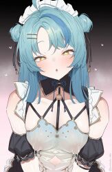 +_+ 1girl :o ahoge bare_shoulders black_collar blue_hair blush breast_milk breasts chest_harness chinese_clothes collar covered_erect_nipples cutout_above_navel detached_sleeves double_bun hair_bun hair_ornament hairclip harness head_tilt heart highres katahaba_keiji lactation lactation_through_clothes long_hair looking_at_viewer maid maid_headdress medium_breasts multicolored_hair nijisanji parted_bangs short_sleeves solo streaked_hair symbol-shaped_pupils tamanoi_nana upper_body v_arms virtual_youtuber yellow_eyes
