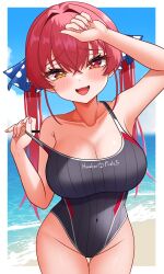 1girl :d absurdres arm_up beach black_one-piece_swimsuit blue_sky blush border breasts cleavage cloud day heterochromia highres hololive houshou_marine large_breasts looking_at_viewer one-piece_swimsuit open_mouth outdoors red_eyes red_hair sky smile solo strap_pull swimsuit virtual_youtuber white_border yellow_eyes zakitaku8311