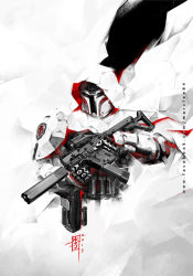 1boy 2017 adapted_costume armor assault_visor boba_fett cloak commentary english_commentary gun helmet highres holding holding_gun holding_weapon hood hood_up hooded_cloak mandalorian mar-c! redrawn science_fiction scope shoulder_armor solo spot_color star_wars trigger_discipline upper_body watermark weapon weapon_request web_address white_background white_theme