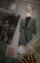 Rule 34 | 1boy, arms behind back, banknote, blonde hair, closed mouth, coat, coin, cossack, fur hat, gloves, greatcoat, grey coat, hat, hearts of iron, highres, kaiserreich, knife, medal, money, papakha, photo (object), pzkpfwi, red eyes, shako cap, sheath, sheathed, short hair, white gloves, white hat