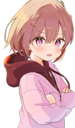 1girl blush child commentary_request crossed_arms dot_nose double-parted_bangs far_tarooo hair_between_eyes highres hood hood_down hooded_jacket jacket long_sleeves lower_teeth_only momo_(far_tarooo) open_mouth original pink_eyes pink_hair pink_sweater red_jacket simple_background solo sweater teeth upper_body white_background zipper zipper_pull_tab