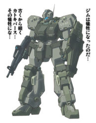 Rule 34 | assault rifle, beam rifle, blue visor, color variation, colored lineart, commentary request, earth federation space forces, energy gun, fusion, gun, gundam, gundam unicorn, holding, holding gun, holding weapon, jegan, jegan ecoas type, machinery, mecha, mecha focus, mobile suit, no humans, original, radio antenna, redesign, rifle, robot, roundel, science fiction, scope, solo, tessaku ro, translation request, weapon, white background