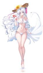 1girl absurdres alternate_costume bare_shoulders bikini blush bow breasts carlotta_(wuthering_waves) cherry commentary cup drinking_glass drinking_straw earrings flower food front-tie_bikini_top front-tie_top fruit full_body groin hair_bow hat hat_flower highres holding holding_cup jewelry juice lilac_(k32420276) long_hair medium_breasts navel orange_(fruit) orange_slice parted_bangs parted_lips sandals side-tie_bikini_bottom simple_background smile solo stomach swimsuit thigh_gap toes very_long_hair white_background white_bikini wuthering_waves