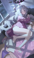 1girl absurdres ahoge black_halo blue_archive halo highres hina_(blue_archive) hina_(pajamas)_(blue_archive) indoors jacket long_hair looking_at_viewer lying night pajamas panties pink_pajamas polka_dot polka_dot_pajamas purple_eyes solo summer_(724788381) underwear white_hair window yellow_jacket