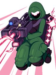 1other armor energy_beam energy_gun firing full_body green_armor highres hole_in_face knee_pads laser_sight minimilieu original pixel_art seiza sitting solo weapon white_background
