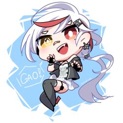 ! 1girl anchor_earrings azur_lane bandaid bandaid_on_face bandaid_on_nose black_gloves black_jacket black_thighhighs chibi claw_pose downes_(azur_lane) downes_(retrofit)_(azur_lane) earrings fang fingerless_gloves full_body gao gloves hands_up heterochromia highres jacket jewelry long_hair looking_at_viewer low_ponytail mole mole_under_eye multicolored_hair open_mouth ponytail red_eyes red_hair shirt smile solo streaked_hair thighhighs twitter_username uninari_lamb white_hair white_shirt yellow_eyes
