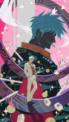 1boy akagi_shigeru animal_print black_footwear cigarette closed_mouth collared_shirt commentary_request dated dice formal_clothes fukumoto_mahjong full_body highres jacket jewelry loafers looking_at_viewer mahjong mahjong_tile male_focus maoyaoyao519 old old_man pants pink_background print_shirt ring shirt shoes short_hair smile smoke smoking standing striped_clothes striped_pants suit ten_(manga) tenbou tiger_print white_hair white_jacket white_pants