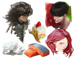 1girl 2boys black_eyes black_hair blood cake cake_slice commentary cropped_head earrings eyepatch food fork hashtag-only_commentary highres jewelry multiple_boys nosebleed original paper red_eyes red_hair red_lips sowasi strawberry_shortcake tuna white_background