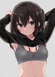 1girl arms_up breasts brown_eyes brown_hair cleavage drawstring grey_background hair_ornament ica kantai_collection long_sleeves looking_at_viewer navel parted_lips sendai_(kancolle) short_hair shrug_(clothing) simple_background small_breasts solo sports_bra upper_body