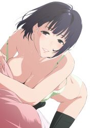 Rule 34 | 1girl, absurdres, all fours, black eyes, black thighhighs, blush, bra, breasts, cleavage, green bra, green panties, highres, jijo (kakitama), kakitama, large breasts, looking at viewer, on bed, original, panties, pillow, short hair, simple background, smile, strap slip, teeth, thighhighs, underwear