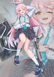 1girl absurdres arm_up black_skirt blue_archive blue_necktie blue_shoes blush fangs gun hair_between_eyes highres hoshino_(blue_archive) kc_ncp long_hair looking_at_viewer lying necktie on_back on_floor one_eye_closed open_mouth pink_hair plaid_clothes plaid_skirt shield shirt shoes shotgun sidelocks skirt socks solo weapon wet wet_clothes wet_shirt white_shirt white_socks yellow_eyes