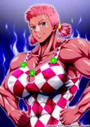 Rule 34 | 1girl, abs, bare shoulders, breasts, cleavage, covered abs, dark-skinned female, dark skin, grey eyes, highres, miss monday, muscular, muscular female, nel-zel formula, one piece, pink hair, short hair, short twintails, smile, solo, twintails