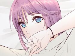 Rule 34 | 1girl, aegis zan, anyoji hime, arms up, blue eyes, commentary request, flipped bangs, highres, link! like! love live!, long hair, looking at viewer, love live!, pink hair, portrait, shirt, sidelocks, simple background, solo, virtual youtuber, white background, white shirt