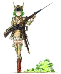 1girl animal_hat ascot bad_id bad_pixiv_id bayonet black_hat boots brown_boots camouflage camouflage_legwear collared_jacket female_focus france full_body gloves grass green_eyes green_hair gun hat holding jacket long_sleeves mars_expedition matching_hair/eyes military military_jacket military_uniform multicolored_hat pleated_skirt rifle short_hair simple_background skirt solo sword thighhighs weapon weapon_request white_background y_(khakiyawn) yellow_hat zettai_ryouiki
