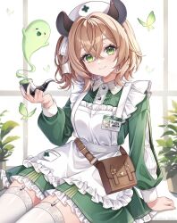 1girl animal_ears apron bag brown_bag brown_hair bug butterfly closed_mouth dress garter_straps green_dress green_eyes hair_ribbon handbag highres holding holding_smoking_pipe indie_virtual_youtuber insect looking_at_viewer masshiromelon medium_hair naplings_(nimi_nightmare) nimi_nightmare nimi_nightmare_(1st_costume) one_side_up ribbon smile smoking_pipe solo tapir_ears tapir_girl thighhighs virtual_youtuber white_apron white_garter_straps white_ribbon white_thighhighs