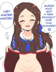 brown_hair closed_eyes clothes_lift dialogue_box fate/grand_order fate_(series) hair_ribbon happy highres leonardo_da_vinci_(fate) leonardo_da_vinci_(fate/grand_order) leonardo_da_vinci_(rider)_(fate) loli long_hair navel no_panties ran_sk ribbon simple_background skirt skirt_lift