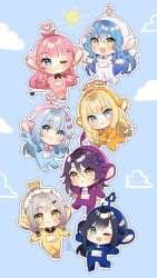 6+girls :&gt; :d ;d ahoge amano_nene_(vtuber) black_hair blonde_hair blue_background blue_eyes blue_hair blush braid charlotte_suzu chibi closed_mouth cloud coll_(erichankun) commentary crown_braid english_commentary flower gradient_hair grey_hair grin hair_flower hair_ornament heart isla_coleman lua_asuka multicolored_hair multiple_girls namiji_freesia one_eye_closed open_mouth pink_hair production_kawaii purple_hair reina_sun_(vtuber) second-party_source shee_icho smile sun teeth teletubbies virtual_youtuber white_flower yellow_eyes