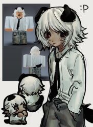 1boy animal_ears black_eyes black_necktie commentary dog_ears dog_girl dog_tail english_commentary grey_background hands_in_pockets highres looking_at_viewer male_focus necktie player_character_(roblox) reference_inset roblox senmaze shirt short_hair simple_background tail white_hair white_shirt