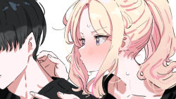 1boy 1girl black_hair blonde_hair commentary_request gakuen_idolmaster hetero idolmaster imminent_kiss juo_sena kasasagi_(futagodori888) looking_at_another multicolored_hair nervous_sweating o3o pink_hair ponytail producer_(idolmaster) sidelocks simple_background streaked_hair sweat two-tone_hair upper_body white_background