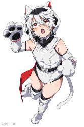 1girl :o absurdres animal_ears bare_shoulders belt black_belt black_thighhighs blush dated eye_mask fake_animal_ears fangs grey_hair grey_leotard hair_between_eyes hands_up highres leotard red_eyes short_hair shy_(character) shy_(series) simple_background solo takatisakana teeth thighhighs white_background