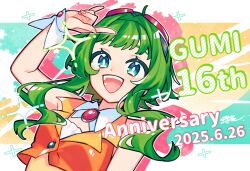1girl 61_rokuichi :d \m/ anniversary arm_at_side arm_up blue_background bright_pupils character_name colorful_background commentary dated detached_collar drop_shadow goggles goggles_on_head green_eyes green_hair gumi happy_anniversary highres looking_at_viewer open_mouth orange_vest outline short_hair_with_long_locks sidelocks signature smile solo sparkle upper_body vest vocaloid white_background white_outline white_pupils wing_collar wrist_cuffs yellow_background