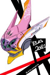 2021 copyright_name eva_08 evangelion_(mecha) extra_eyes from_side green_eyes head_only highres makinami_mari_illustrious mecha mecha_focus neon_genesis_evangelion no_humans rebuild_of_evangelion robot science_fiction solo twitter_username yamashita_ikuto