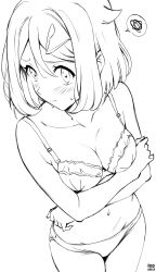 Rule 34 | 1girl, absurdres, artist name, blush, bra, breast lift, commentary, cowboy shot, crossed arms, english commentary, furrowed brow, hair ornament, hairclip, head cha la, high contrast, highres, liko (pokemon), lineart, looking at viewer, monochrome, nintendo, panties, pokemon, pokemon (anime), pokemon horizons, simple background, solo, speech bubble, sweat, thighs, underwear, underwear only, white background
