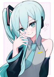 1girl absurdres alternate_hairstyle aqua_eyes aqua_hair aqua_nails aqua_necktie blush breasts closed_mouth collarbone detached_sleeves grey_shirt hair_between_eyes hair_ornament hatsune_miku headphones highres kenshiro_nyuusu long_hair long_sleeves medium_breasts necktie shirt side_ponytail sleeveless sleeveless_shirt smile solo upper_body very_long_hair vocaloid wide_sleeves
