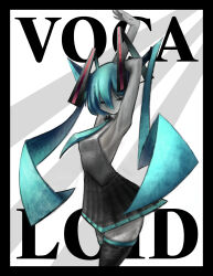 1girl aqua_hair aqua_necktie aqua_trim black_skirt black_thighhighs collar commentary cowboy_shot detached_collar english_text expressionless gba_dvance grey_shirt hair_ornament hands_up hatsune_miku highres long_hair looking_at_viewer miniskirt necktie no_pupils no_sclera outside_border pleated_skirt shirt skirt sleeveless sleeveless_shirt solo thighhighs twintails very_long_hair vocaloid white_collar zettai_ryouiki