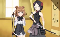 Rule 34 | 2girls, absurdres, armor, beatrice (princess principal), black dress, black hair, brown hair, commission, dress, hair flower, highres, japanese text, katana, kiniro tofu, knee up, knees up, multiple girls, princess principal, purple eyes, ribbon, scabbard, sheath, sword, toudou chise, weapon, window, yellow eyes