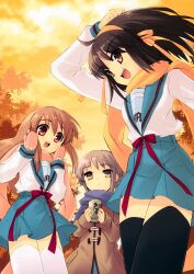 3girls absurdres asahina_mikuru autumn_leaves black_socks blue_sailor_collar blue_skirt bob_cut brown_coat brown_eyes brown_hair closed_mouth coat cowboy_shot evening expressionless gloves grey_hair hairband highres ito_noizi kita_high_school_uniform leaf long_hair long_sleeves looking_at_viewer medium_hair miniskirt multiple_girls nagato_yuki open_mouth orange_hair orange_hairband orange_sky outdoors red_ribbon ribbon sailor_collar scarf school_uniform serafuku short_hair skirt sky smile socks standing suzumiya_haruhi suzumiya_haruhi_no_yuuutsu teeth thighhighs third-party_source upper_teeth_only winter_uniform