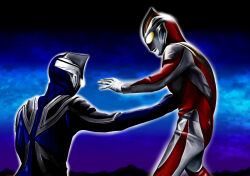 Rule 34 | 2boys, 4ze meteor, alien, armor, battle, black skin, black sky, blue skin, blue sky, breastplate, clenched hand, cloud, cloudy sky, colored skin, commentary, compound eyes, cowboy shot, dorsal fin, from behind, from side, glowing, glowing eyes, gold trim, gradient eyes, gradient sky, hand up, highres, looking at another, male focus, mountainous horizon, multicolored eyes, multiple boys, outdoors, outstretched arm, punching, purple sky, red skin, shoulder armor, silver skin, silver trim, sky, spine, standing, stomach punch, tokusatsu, toned, toned male, ultra series, ultraman agul, ultraman gaia, ultraman gaia (series), white eyes, wrinkled skin, yellow eyes