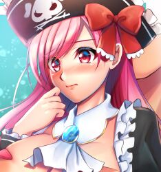 1girl black_hat black_jacket blush bow breasts brooch captain_liliana cleavage commentary_request frills hat jacket jewelry jolly_roger large_breasts lips long_hair looking_at_viewer niwatori_(eck16614) pink_eyes pink_hair pirate pirate_hat portrait queen&#039;s_blade queen&#039;s_blade_rebellion ribbon solo
