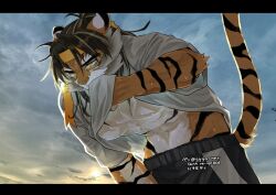 1boy abs animal_ears arknights artist_name bara beard clothes_lift commentary_request facial_hair from_below furry furry_male gggarnet headband huai_tianpei_(arknights) male_focus muscular muscular_male pectorals shirt shirt_lift sweat tail tiger_boy tiger_ears tiger_stripes tiger_tail wet wet_clothes wet_shirt yellow_headband