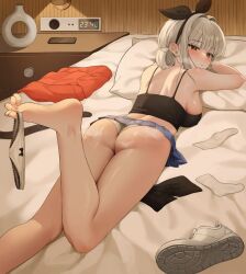 1girl ass back bare_arms bare_legs bare_shoulders barefoot bed black_shirt blue_skirt breasts brown_eyes camisole closed_mouth commission crop_top dangling feet from_behind grey_hair hair_ribbon hair_rings heavy_breathing highres large_breasts leg_up long_hair looking_at_viewer looking_back lying median_furrow microskirt midriff oc_(jmgsjh) on_bed on_stomach original panties panties_around_toe pillow pleated_skirt ribbon second-party_source shant_07 shirt shoes sideboob skirt sleeveless sleeveless_shirt socks soles solo spaghetti_strap thighs toes underwear unworn_shoes unworn_socks white_panties