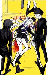 Rule 34 | +++, 2boys, 2girls, atyakodayo1, bandaged head, bandages, baseball bat, black serafuku, black shirt, blood, blood from forehead, boots, cigarette, commentary request, corpse, death, from above, gakuran, gakuseibou, geminism, gloves, hair ribbon, hair spread out, hand on own knee, hat, highres, hirosoma kikyou, hirosoma shinku, holding, holding sword, holding weapon, katana, laughing, long hair, long sleeves, lying, mouth hold, multiple boys, multiple girls, neckerchief, on back, on ground, outside border, pantyhose, pillarboxed, pool of blood, purple neckerchief, purple ribbon, ribbon, scene reference, school uniform, serafuku, sheath, sheathed, shirt, single boot, skirt, spoilers, standing, sword, translation request, trembling, tsukishiro tsukishiro, twitter username, weapon, white hair, wide-eyed, yamaga awasumi