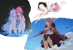 2girls absurdres ahoge aru_(blue_archive) barefoot black_skirt blue_archive blue_hair blush breasts closed_eyes closed_mouth coat coat_on_shoulders collared_shirt convenient_censoring doodle_sensei_(blue_archive) dreaming drooling groin gun hair_censor halo highres hina_(blue_archive) holding holding_gun holding_weapon horns hug long_hair long_sleeves looking_at_viewer lying miniskirt mouth_drool multiple_girls multiple_views navel no_pussy nude on_side parack pillow pink_eyes pink_hair red_eyes rifle ripples sensei_(blue_archive) shirt side_slit skirt sleeping small_breasts smoke sniper_rifle speech_bubble standing sweatdrop thought_bubble v-shaped_eyebrows very_long_hair wading water weapon wet white_shirt