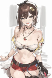 1girl :d atelier_(series) atelier_ryza belt blush breasts breasts_apart brown_belt brown_eyes brown_hair choker flask gloves hair_ornament hairclip hat highres jacket jewelry large_breasts leather_belt looking_at_viewer navel necklace open_mouth parfaitlate pendant red_shorts reisalin_stout short_hair short_shorts shorts single_glove sleeveless sleeveless_jacket smile solo star_(symbol) star_necklace thigh_gap thighhighs thighs vial white_hat yellow_jacket